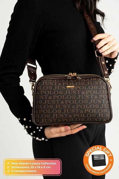 Just Polo Original Women's New Season 5 Compartment Luxury Soft Leather Adjustable Cross Column Strap Shoulder Bag