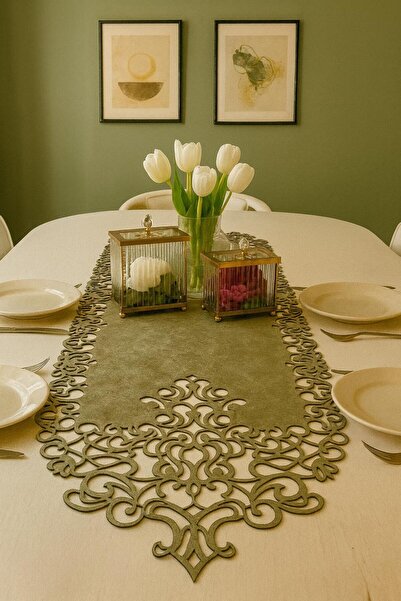 Ergüven Home Yeşil Süet Kumaş Runner 40x140 Cm Masa Boyu - Modern Tasarım