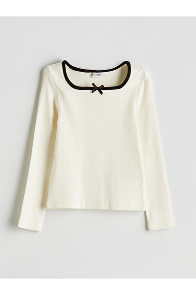 LC Waikiki LCW Kids Ekru Bisiklet Yaka Fiyonk Detaylı Kız Çocuk Tişört