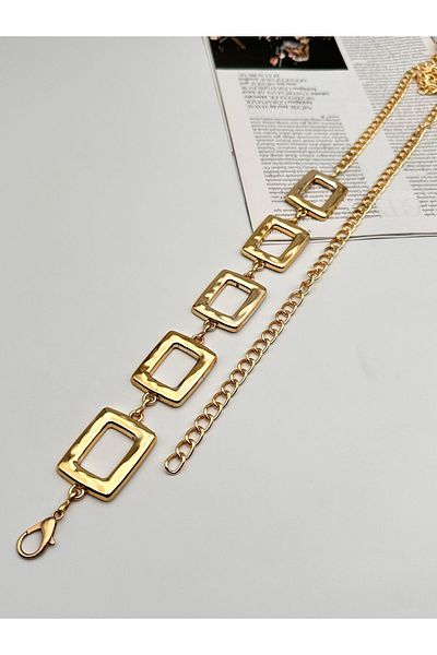 MODAM HİFA Square Gold Buckle Chain Belt Women's Belt Dress Belt Shirt Belt Coat Belt Trouser Belt