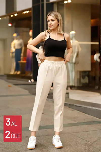 Feela Moda High Waist Lycra Beige Women's Trousers - Carrot Leg