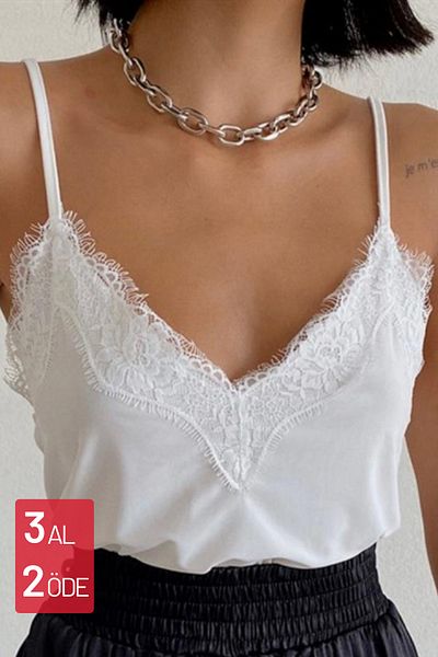 Balenbi 1070 Ecru Lace Detailed Strappy Satin Women's Blouse