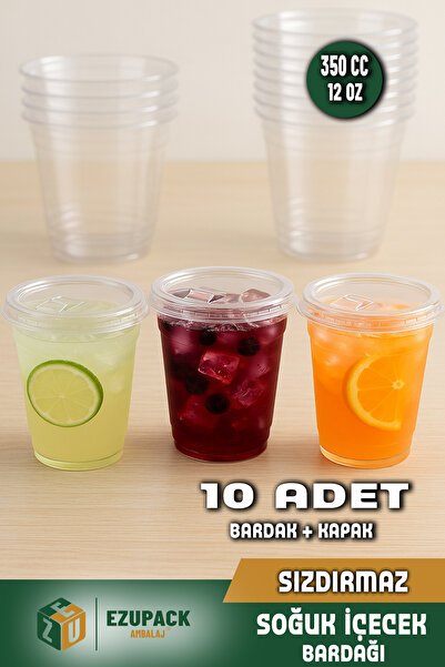 Ezupack 10LU 350 cc Kapaklı SERT Plastik Bardak Pet Bardak Limonata Soğuk İçecek Kahve Latte Bardağı