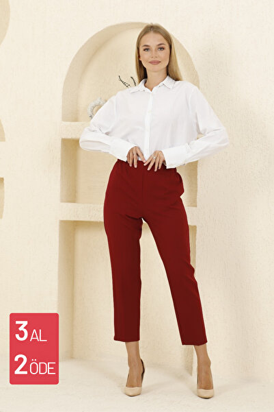 Mogi Butik 3001 Bordo Havuç Paça Yüksek Bel Dokuma Kadın Pantolon