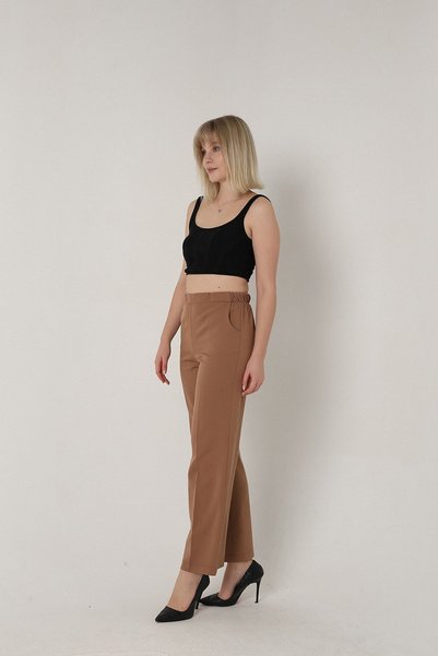 Mogi Butik 3002 Camel Palazzo High Waist Pocket Woven Women's Trousers
