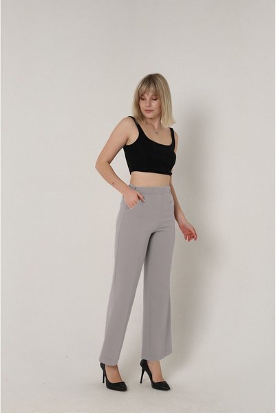 Mogi Butik 3002 Gray Palazzo Woven Women's Pants with High Waist Pockets