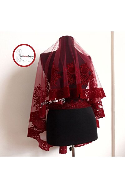 Gelincimherşey Bordo Kadife Flok Baskılı Gelin Duvak Eldiven Kuşak Komple Set