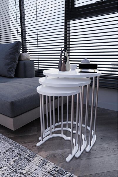 Can Vista Home Yuvarlak Zigon 3'lü Lüks Beyaz Sehpa Takımı