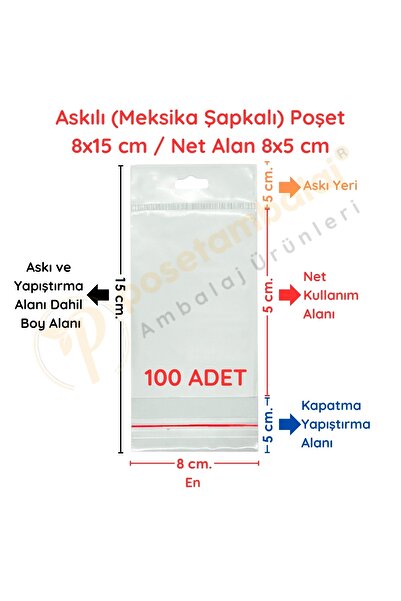 CarpCorn 8x15 Cm (KAPALI HALİ 8X5 CM) 100 Adet - Askılı Yapışkanlı Poşet - Meksika Şapkalı Poşet