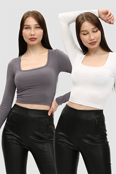 LAENT Kadın Beyaz Antrasit Gri Kare Yaka 2'li Crop Body