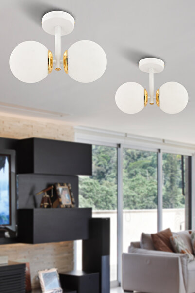 avimonaydınlatma ÇAKRA 2'Lİ BEYAZ - ALTIN RENKTE BEYAZ GLOB CAMLI MODERN PLAF...