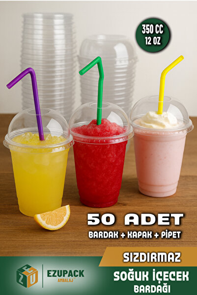 Ezupack 350 cc Kapaklı Pipetli SERT Plastik Bardak Pet Bardak Limonata Soğuk ...