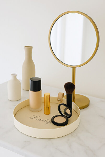 Fiyakalı Ürünler Atölyesi Cream Color Metal Presentation Tray, Makeup Organizer, Jewelry, Bathroom Objects Collection Tray, Leather Based