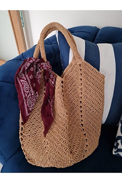 Verda Desing Straw Medium Size Handle Beach Bag Hand Knitted