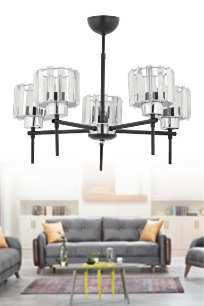 avimonaydınlatma QUEEN SİYAH - KROM 5'Lİ  KRİSTAL BAŞLIKLI MODERN  AVİZE OTUR...