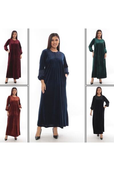 Mer's Rochie lungă de catifea cu detaliu din piatră neagră și dantelă