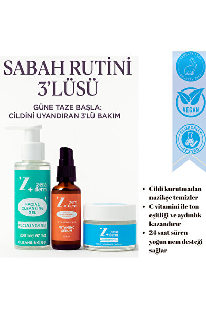 Lurji 3’lü Sabah Cilt Bakım Seti | Yüz Temizleme Jeli + C Vitamini Serumu + N...