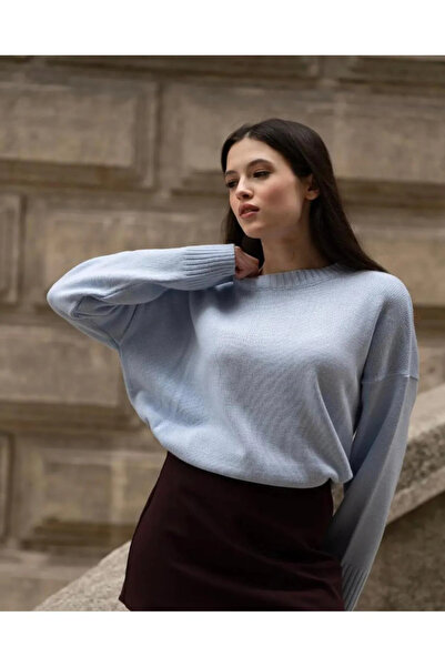 K-ODEA BUTİK Kadın Mavi  Oversize Triko Kazak - Yumuşak Dokulu Bisiklet Yaka MEVSİMLİK