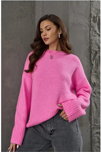 K-ODEA BUTİK Women's Candy Pink Oversize Sweater - Soft Textured Crew Neck