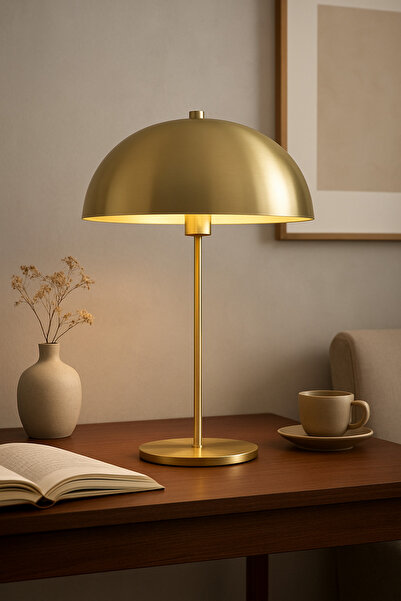 Buiva Modern Tasarım Mars Abajur Dekoratif Masa Lambası Eskitme Gold Sarı Metal Gövde