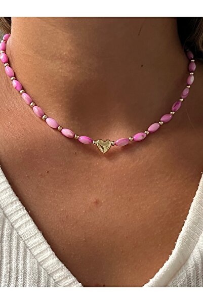 Twinssis Accessories Kalp Detaylı Pembe Boncuk Taş Kolye