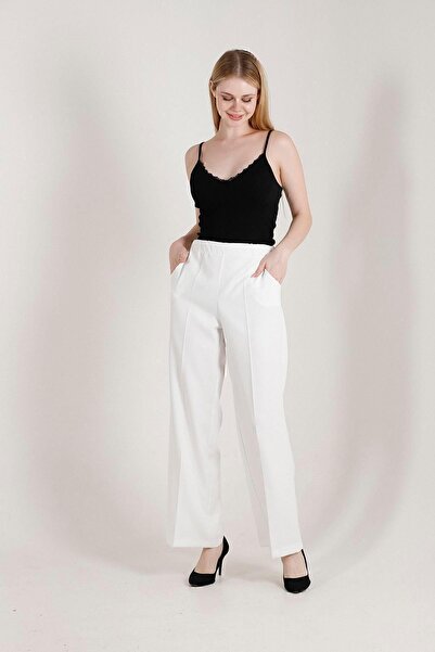 Balenbi 1003 Model High Waist White Palazzo Women's Trousers - Lycra Woven