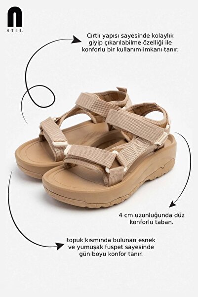 Nstil Women's Beige Velcro Sandals N-Step Güngören Thick Sole Beach Yeşilkent Sticks Trekking 411