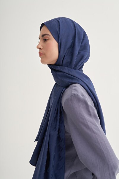 carell Navy Blue Cotton Silk Houndstooth Patterned Shawl