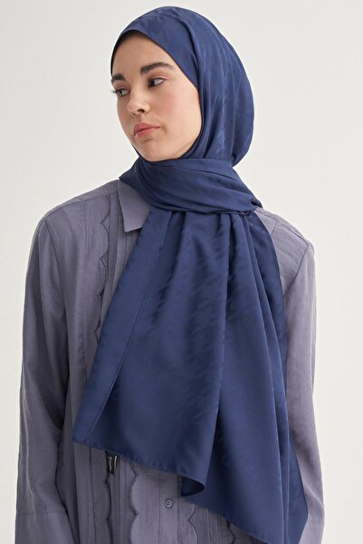 carell Navy Blue Cotton Silk Houndstooth Patterned Shawl