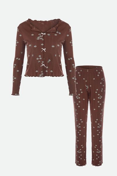 koza iç giyim Women's Cotton Crispy Flower Patterned Baby Overlock Bow Detailed Long Sleeve Pajamas Set