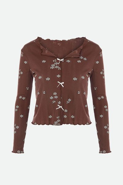 koza iç giyim Women's Cotton Crispy Flower Patterned Baby Overlock Bow Detailed Long Sleeve Pajamas Set