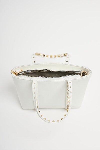Madamra White Women's Staple Detailed Pu Leather Buckle Hand and Shoulder Bag