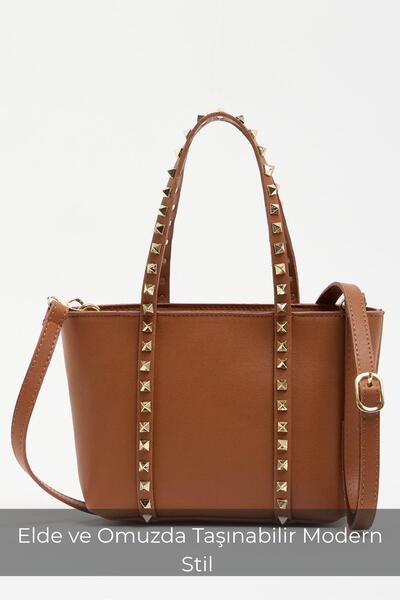 Madamra Tan Women's Staple Detailed Pu Leather Buckle Hand and Shoulder Bag