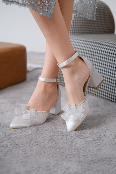 Moda Değirmeni Silver Satin Women's Tulle Bow Bag Set Heeled Shoes Md1112-121-0008