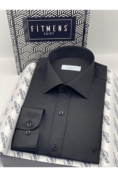 Fitmens Slim Fit Uzun Kol Saten Hediye Kutulu Kolay Ütülenebilir Erkek Gömlek FS-002968 - Siyah