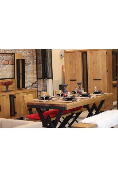 NT Concept Ntconcept Masif Ağaç Yemek Masası Takımı- 85cm-150cm Masa+150cm Ba...