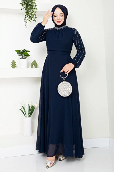 InStyle Темно-синя шифонова вечірня сукня з рукавами з кам'яними паєтками