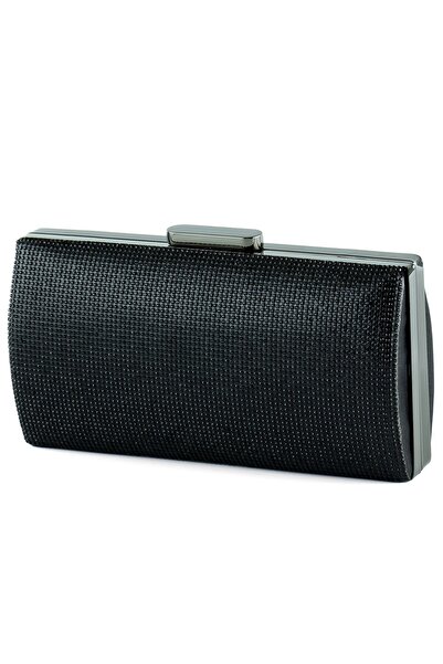 Erkan Saçmacı Black Satin Crystal Stone Metal Handle Evening Dress Clutch Bag