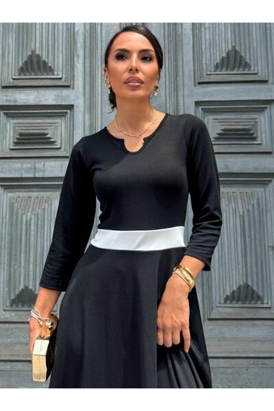 BÜŞRA TEZEL MODA Γυναικείο φόρεμα Truvakarkol με ανοιχτό γιακά μπλοκ χρώματος Crepe Midi