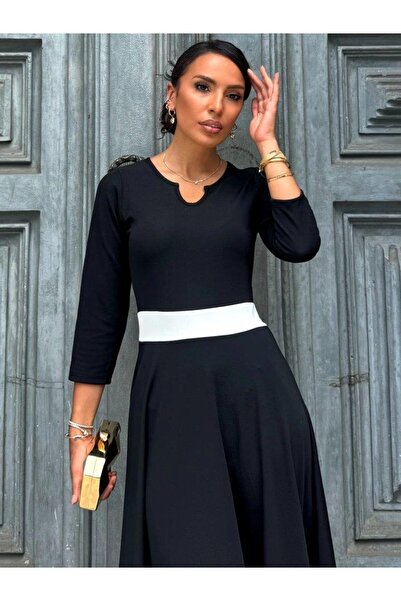 BÜŞRA TEZEL MODA Γυναικείο φόρεμα Truvakarkol με ανοιχτό γιακά μπλοκ χρώματος Crepe Midi