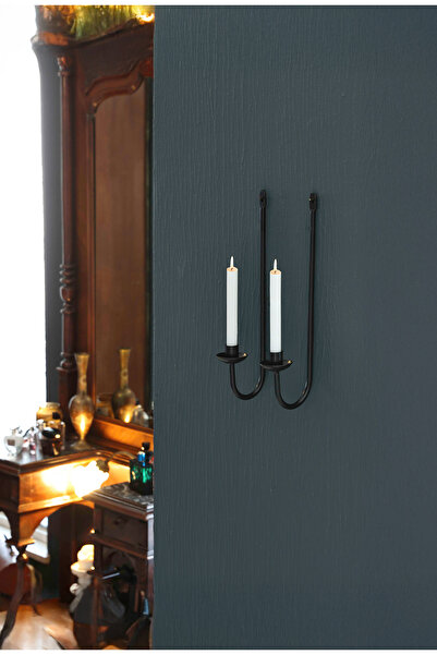 Samsun Demsa Demir Ferforje Sade Siyah Metal Duvar Askılı İkili Dekoratif Mumluk Şamdan