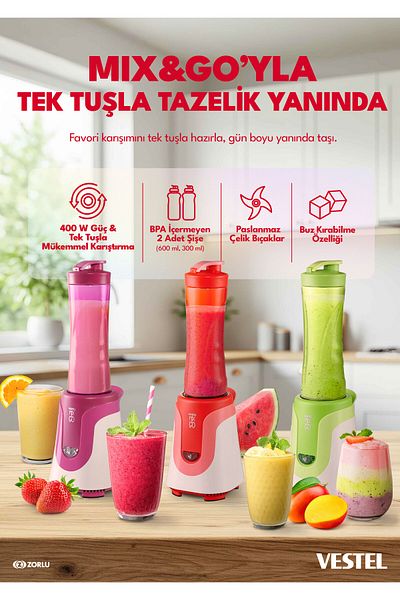 Vestel Mix&go Red Personal Smoothie Blender - 300 W, 1 PCS 600 ML and 1 PCS 300 ML Bottle