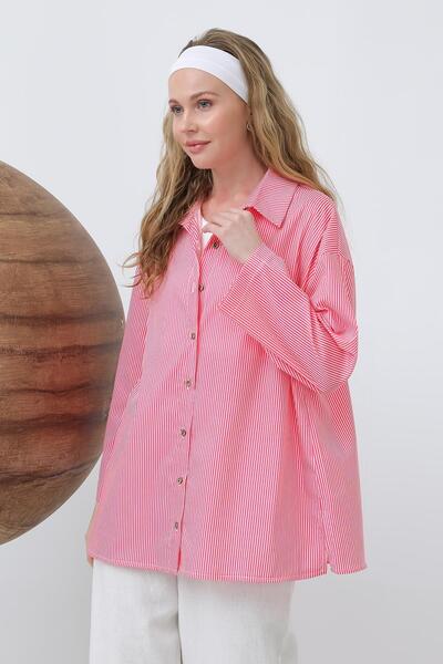 Loreen Women's Wide Sleeve Basic Cotton Shirt - 20655Gml - Pink-Ecru
