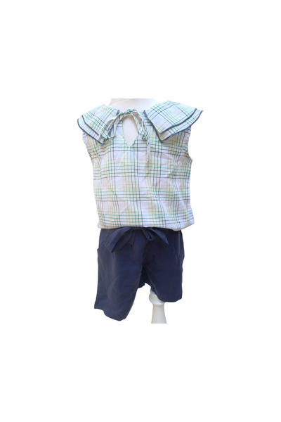 Çikoby Girl's Double Suit |   Checkered Sleeveless Shirt and Indigo Shorts - Summer Casual Combination