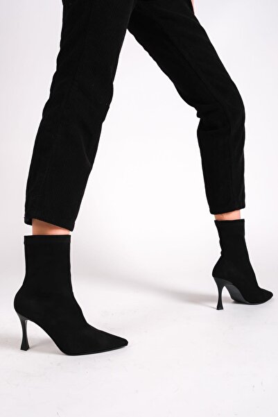Mubiano MBHRNST-S Γυναικείες μαύρες σουέτ με λεπτό τακούνι Strech κοντές μπότες & μποτάκια