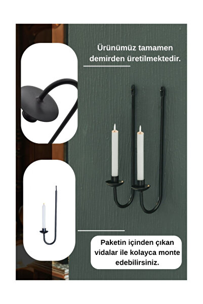 Samsun Demsa Demir Ferforje Sade Siyah Metal Duvar Askılı İkili Dekoratif Mumluk Şamdan