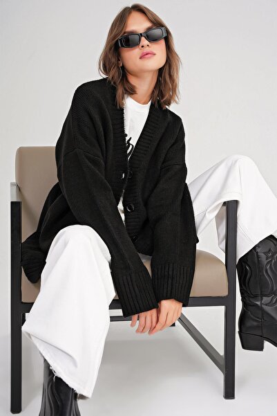 Mixray 6927 Black Women's Knitwear Cardigan - Soft and Loose Basic Model