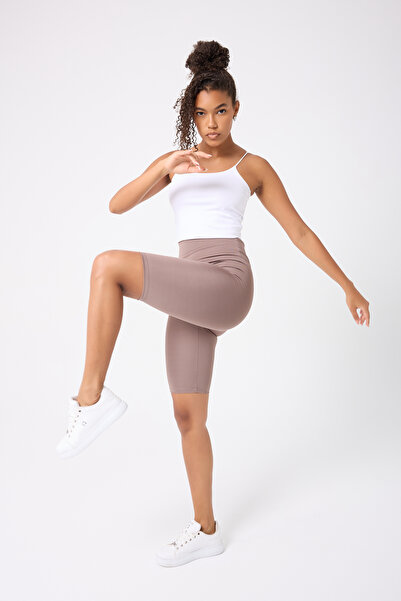 Myluvi Women's High Waist Effective Scuba Diver Sports Biker Shorts Beige