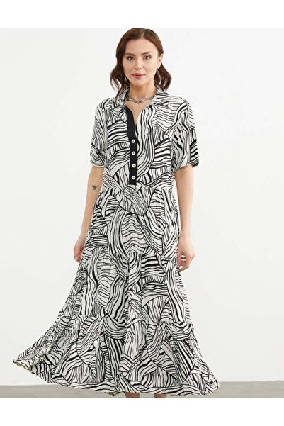 Sementa 77486 Desenli Gömlek Yaka Dökümlü Midiboy Elbise