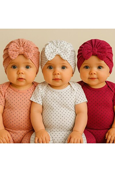 Pico Baby Bow Double Layer Polka Dot Baby Bonnet Set of 3 - Powder/White/Fuchsia